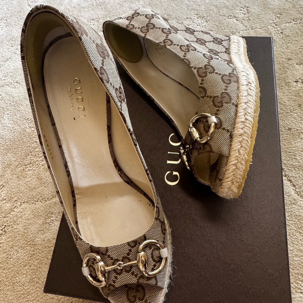 Gucci Brown Monogram Espadrille Wedges